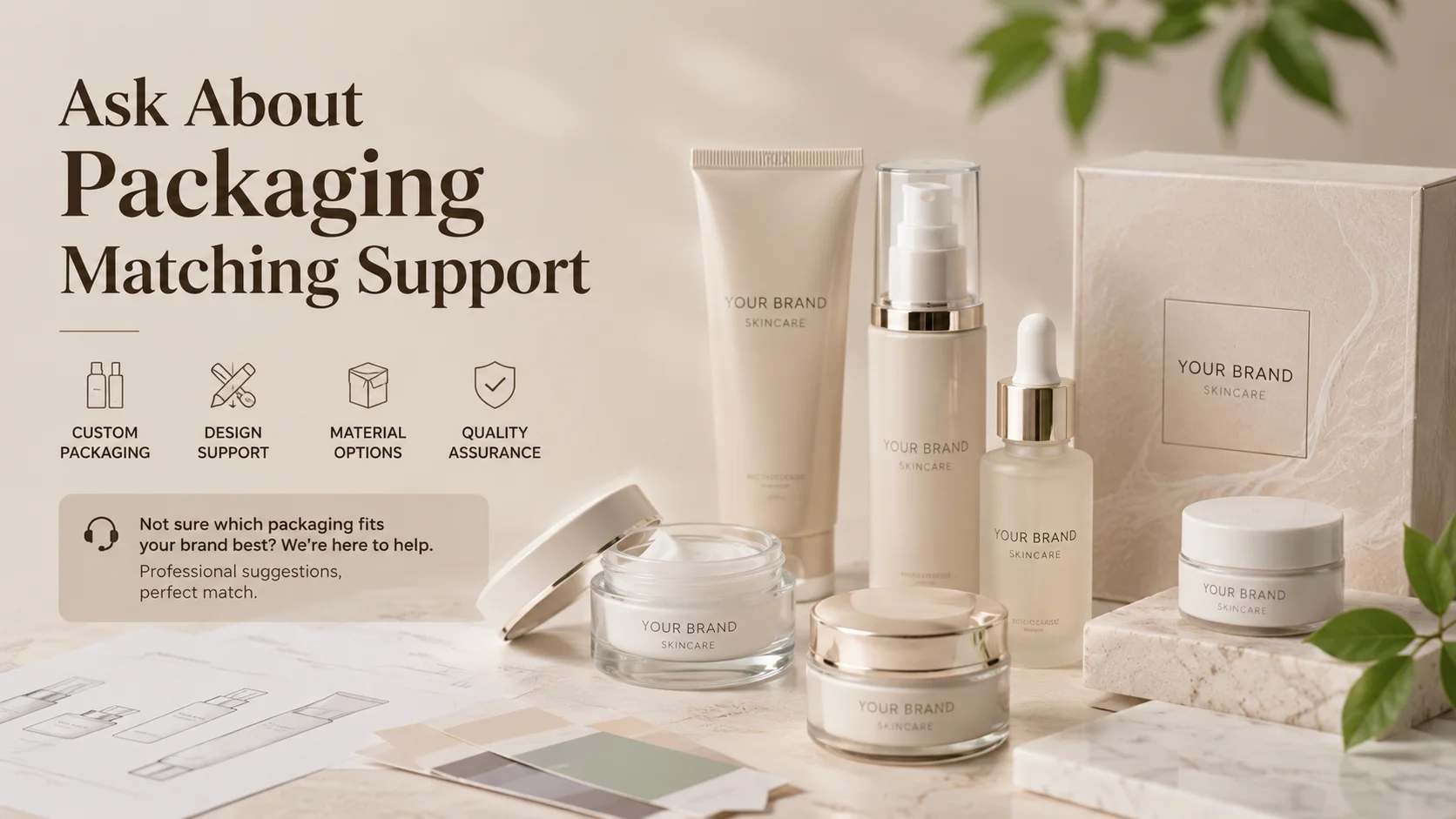 A variety of skincare product packaging including jars, bottles, and boxes, labeled "Your Brand Skincare," with text offering packaging matching support, customization, and design assistance.